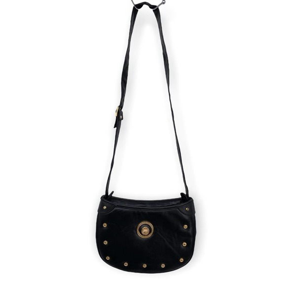 Vintage Handbags - Vintage Black Leather Crossbody Medusa Head logo Gold
